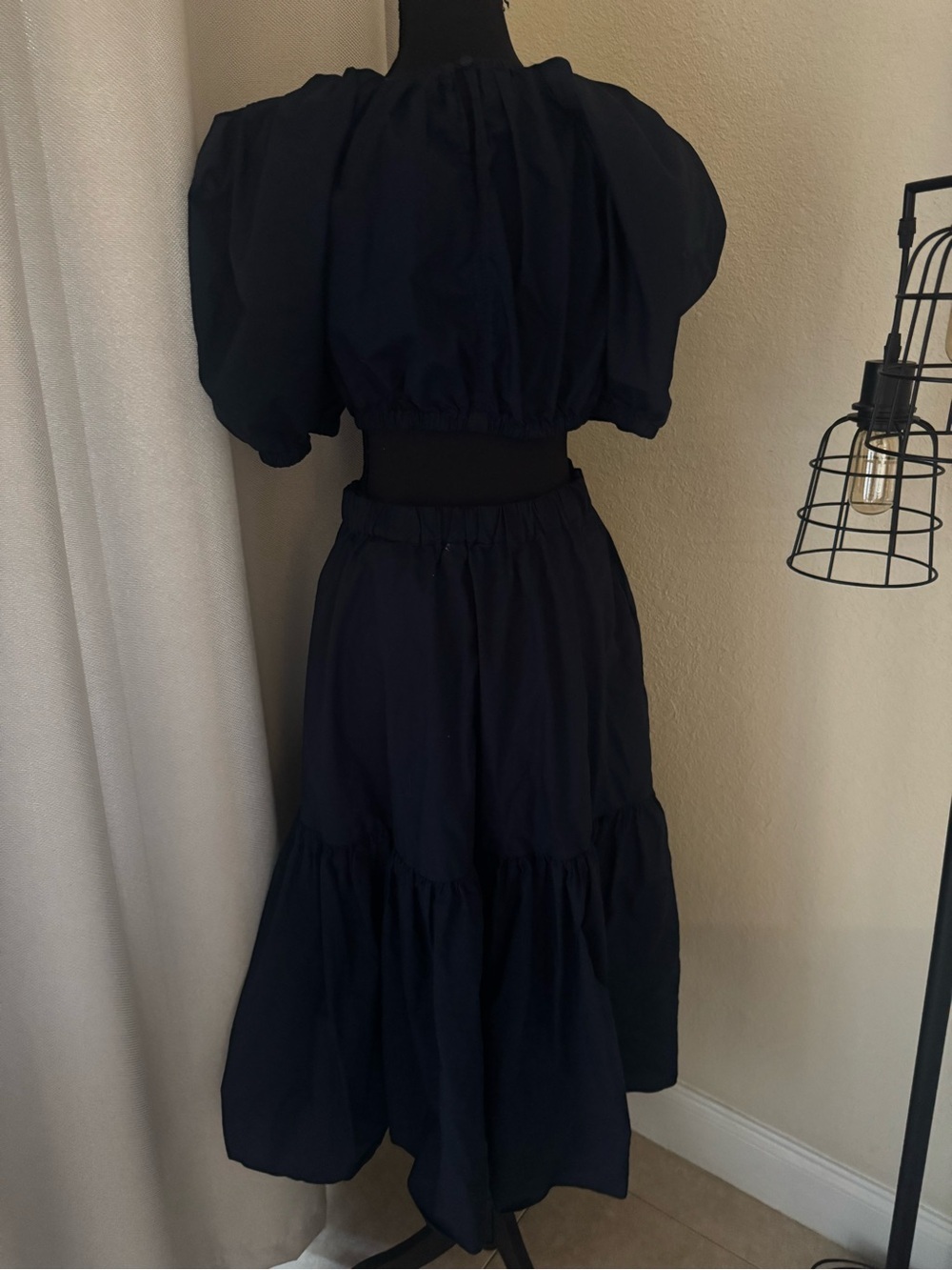 Ulla Johnson Navy Cotton Puff Sleeve Cutout Midi Dress Size 6 - Picture 6 of 9